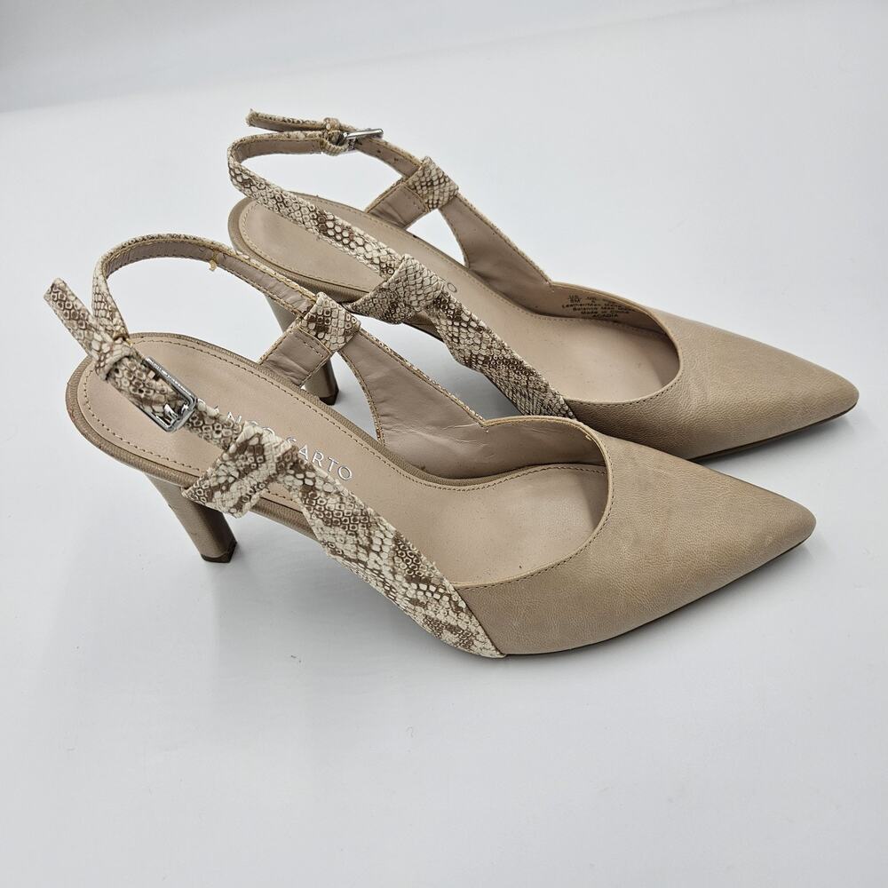 Franco Sarto Size 8 Beige Leather Slingback Pointed Toe Snake Print Buckle Heel